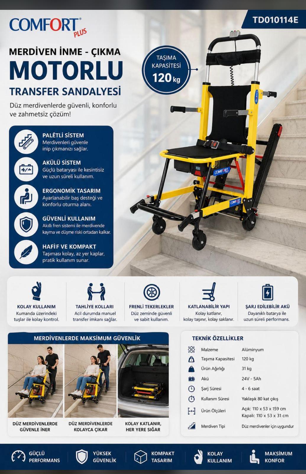 Comfort Plus TD010114E Merdiven İnme Çıkma Cihazı Motorlu Transfer Tekerlekli Sandalyesi