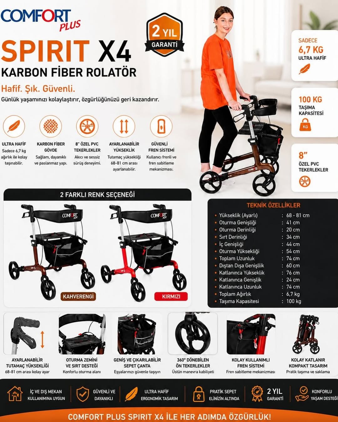 Comfort Plus Spırıt X4 Karbon Fiber Rolatör Yürüteç
